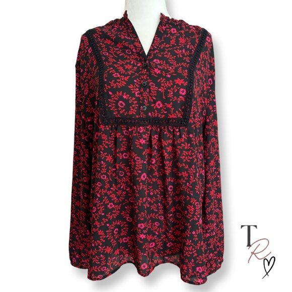 LOFT Women's Long Sleeve Floral Split V-Neck Smocked Button Blouse Size XL - Picture 1 of 12